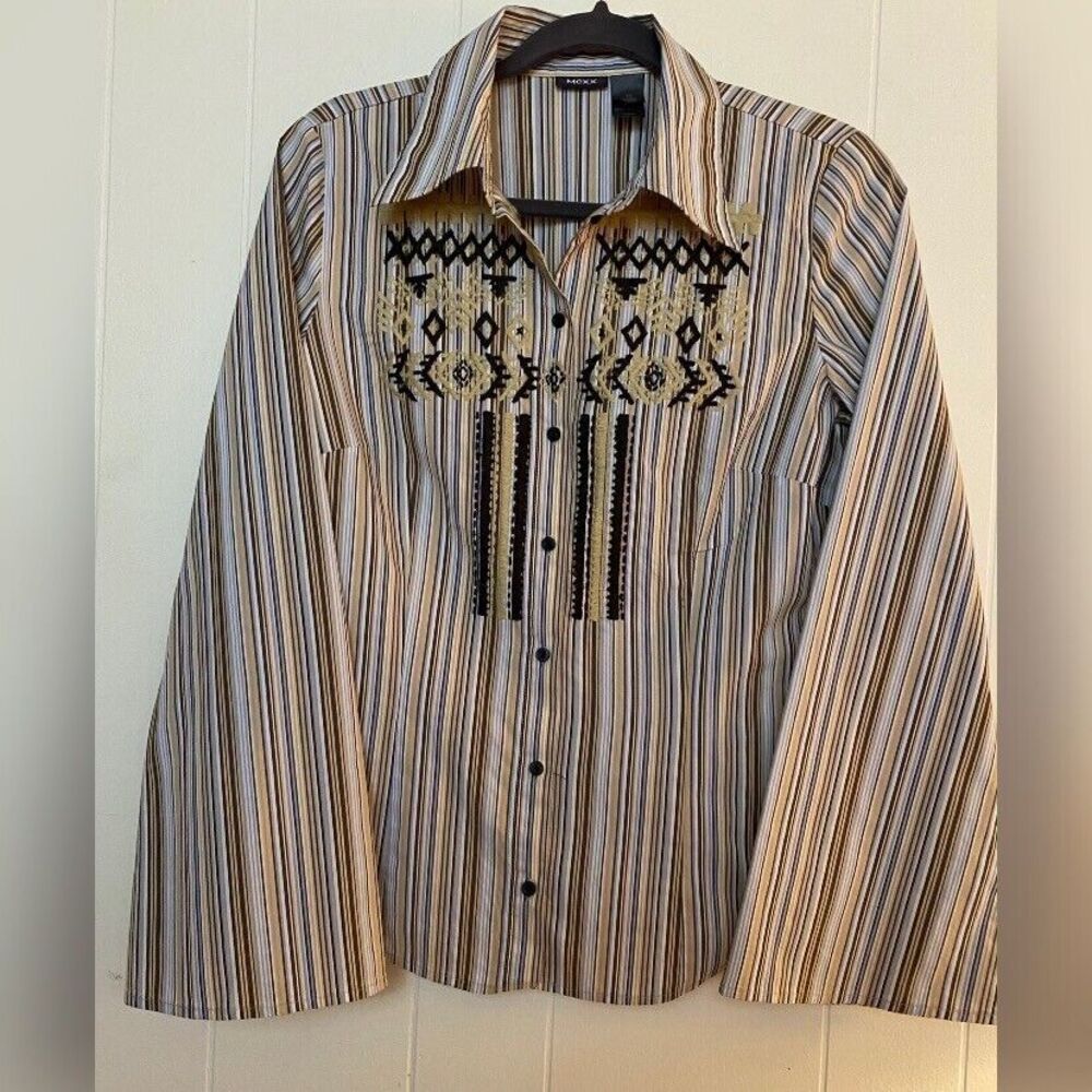 Mexx Blouse Women’s 10 Multicolored Southwest Embroidered Coastal Cowgirl Stripe
